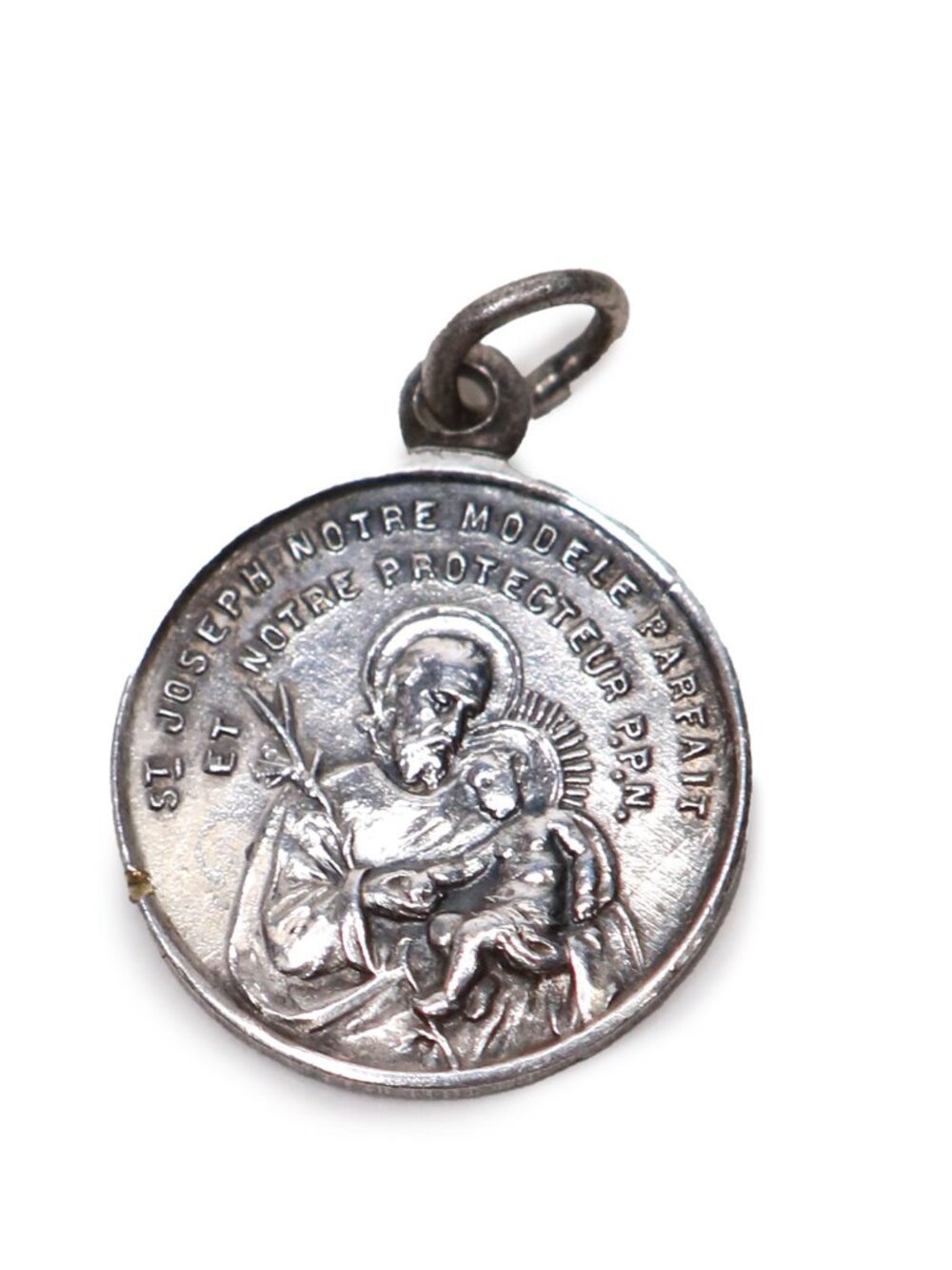 Vintage Silver Tone St Joseph Sacred Hearts Jesus Mary Religious Medal Pendant